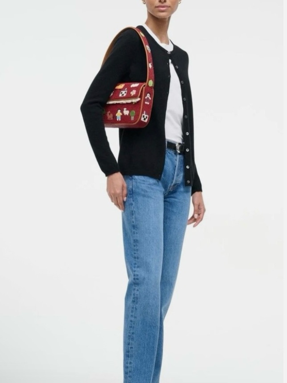 STAUD Tommy Beaded / Embroidered Folk Town Shoulder Bag Red W Tan Trim $325 MSRP - Picture 3 of 17